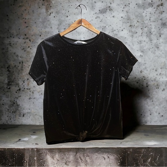 H&M Black Halloween Witch Velvet Star‎ Dot Rainbow Sparkles & Front Tie Crop Top - Picture 1 of 8